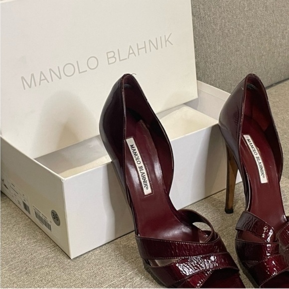 Manolo Blahnik burgundy Patent Leather cross Cross Strap High Heel Sandals - Picture 5 of 7